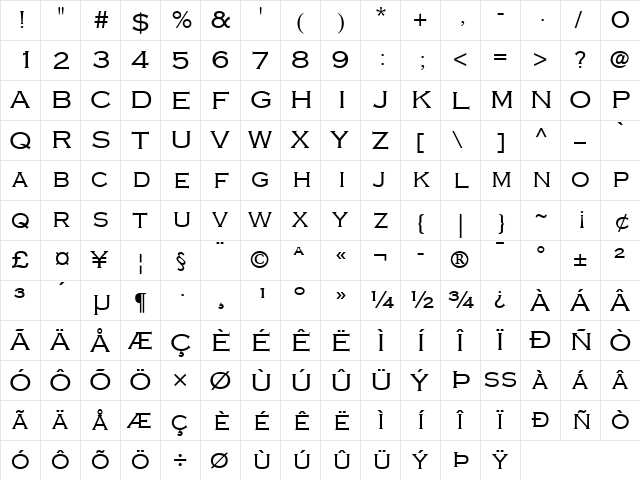 Copperplate LT 32ab Regular  glyph index