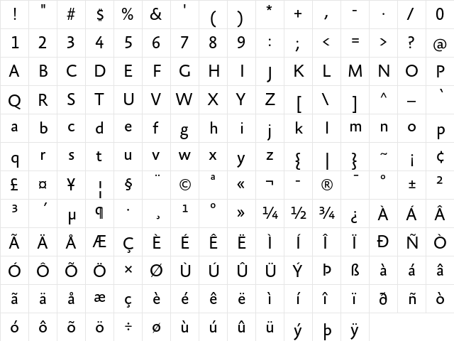 AbsaraSansTF-Regular Regular  glyph index