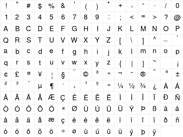 FreeSans Regular  glyph index