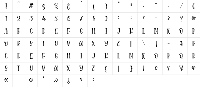 Royalbean Regular  glyph index