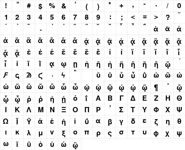 GreekSansAncientSSK Bold  glyph index