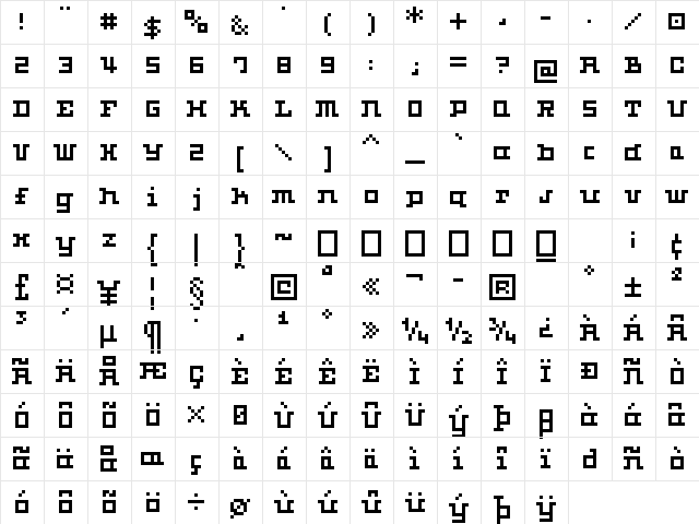 01Quadratix Regular  glyph index