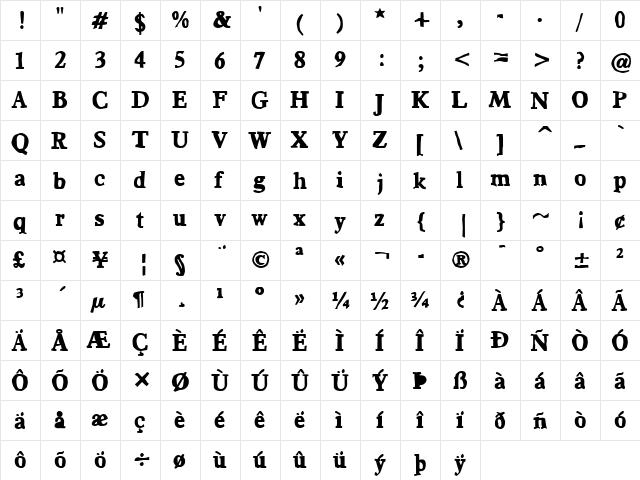 Bountiful Bold  glyph index