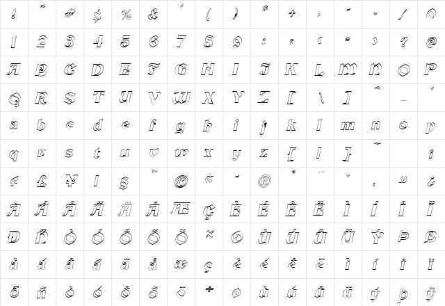 Brandywine-Hollow Italic  glyph index