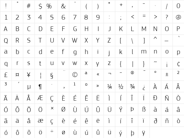 PF Square Sans Pro Light  glyph index