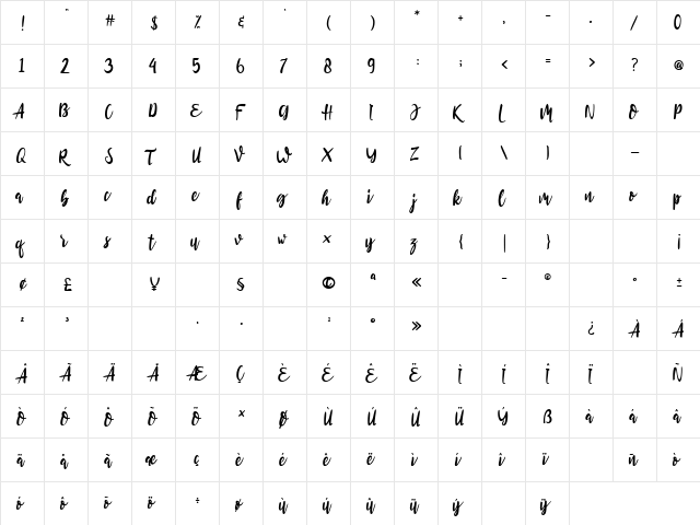 Roullasse Regular  glyph index