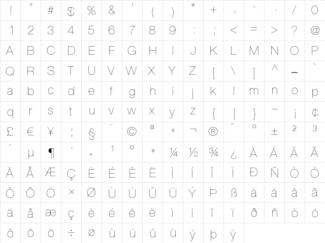 Helvetica Neue LT Regular  glyph index