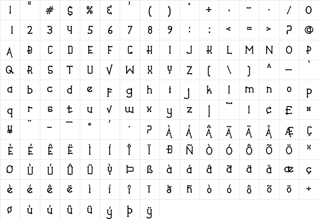 Veruzza Regular  glyph index