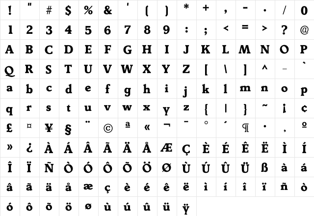 Derrin Bold  glyph index