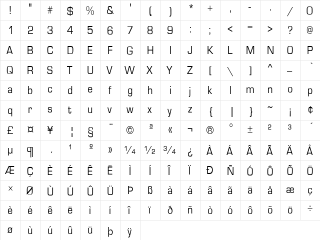 EurostileCnd-Normal Regular  glyph index