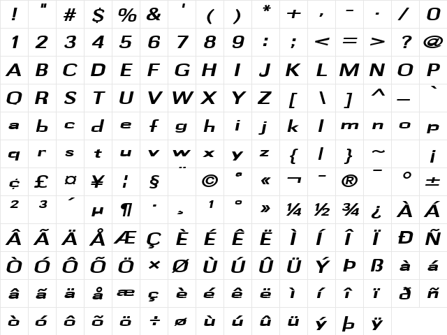 Gauss-Extended Bold Italic  glyph index