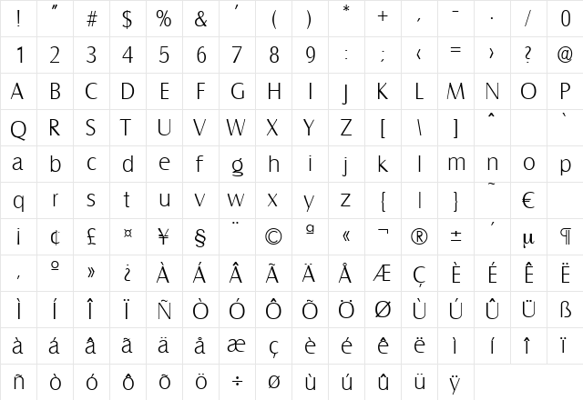 Salzburg-Xlight Regular  glyph index