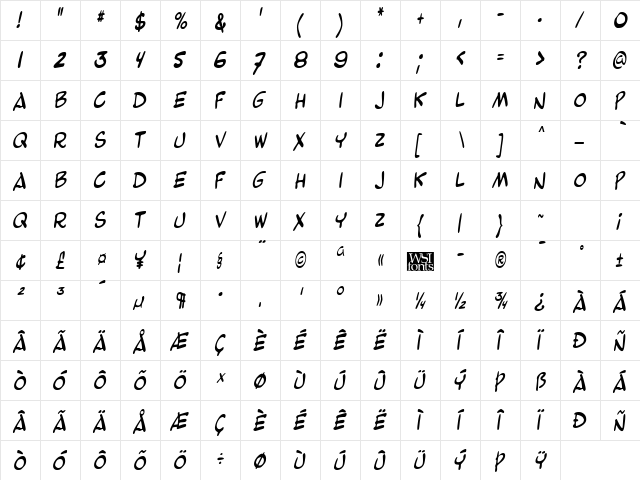 BeetleThin Italic  glyph index