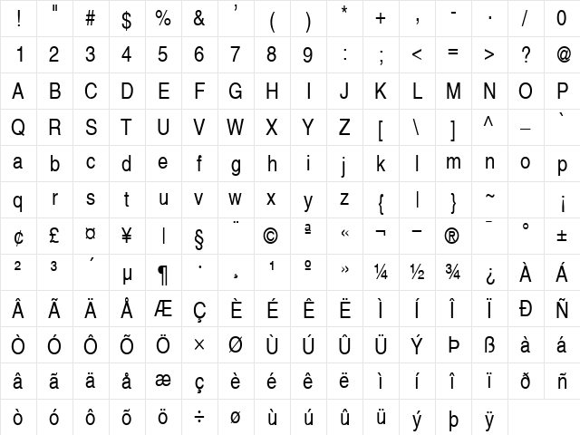 Alps Condensed Normal  glyph index