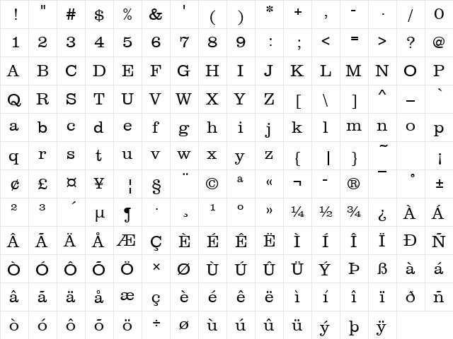 URWClarendonTLig Regular  glyph index