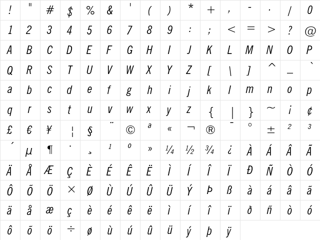News Gothic Condensed Italic  glyph index