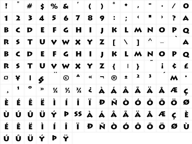 Lithograph Bold  glyph index