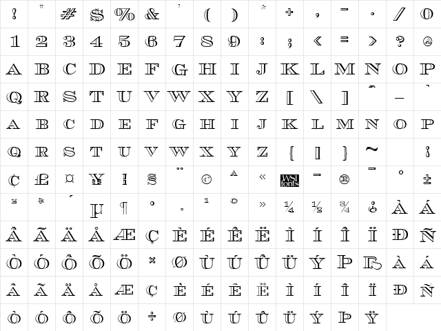 CurrencyOutline Regular  glyph index