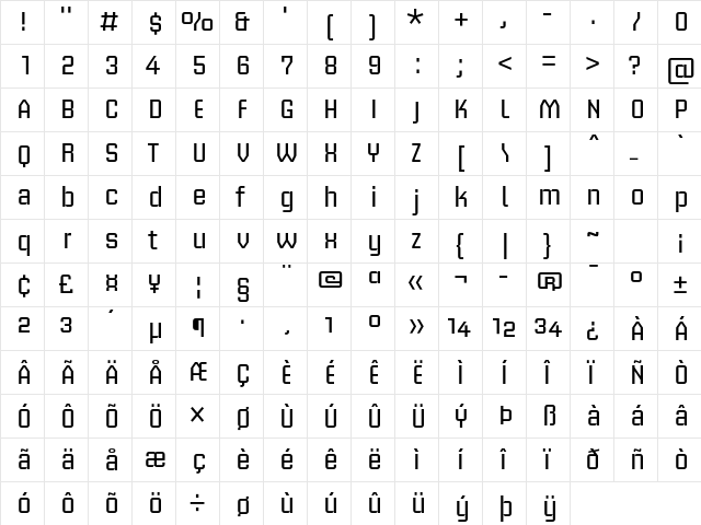Briem Akademi Std Regular  glyph index