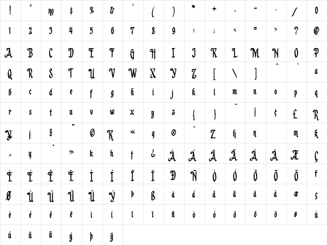 LHF Californian Antique Regular  glyph index
