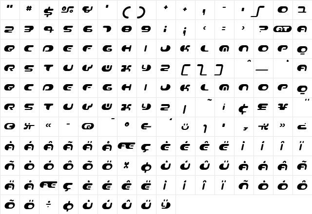 Contour Italic  glyph index
