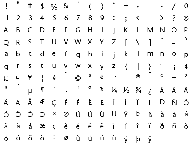 OskiWest Regular  glyph index