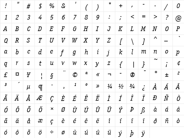 Officina Serif ITC Book Italic  glyph index