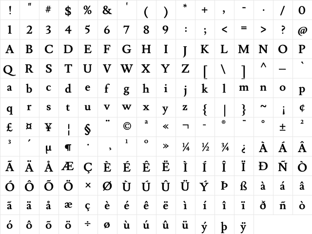 Lusitana Bold  glyph index