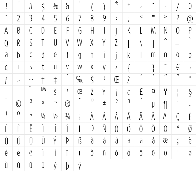 DaxCompact-Light Regular  glyph index