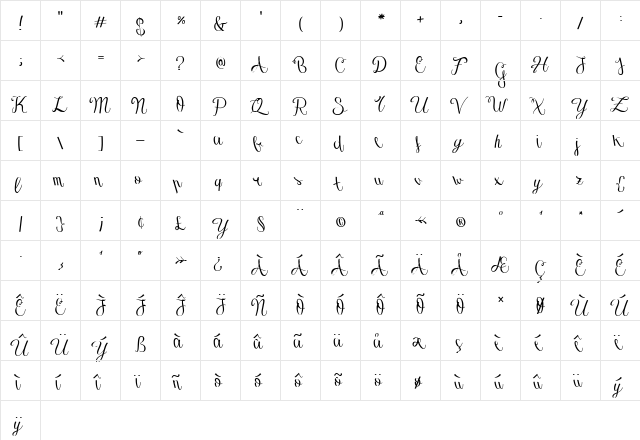 Slazy Dog Regular  glyph index