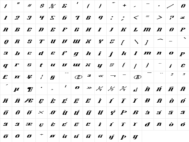 Alexander Bold Italic  glyph index