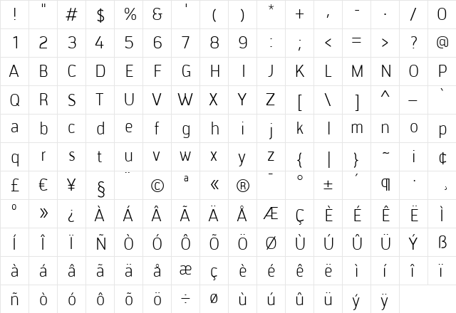 Tirana Light Regular  glyph index