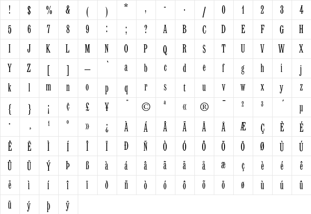 Latin MT Condensed  glyph index