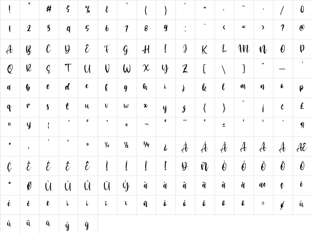 Arastela Regular  glyph index