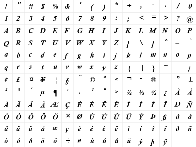 Calisto MT Bold Italic  glyph index