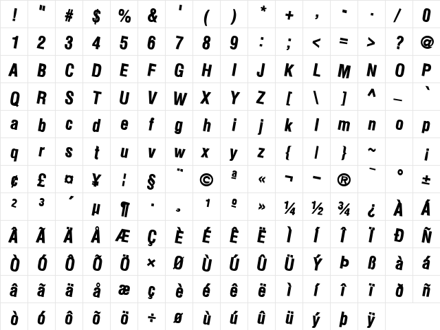 CarParkText33 Bold  glyph index