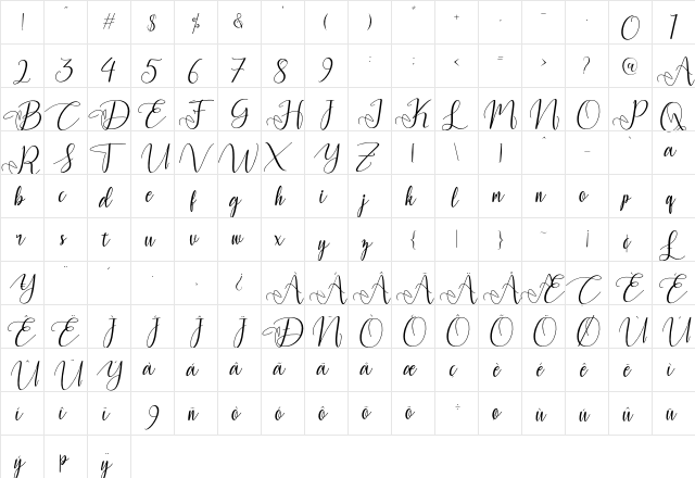 Yulinda Script Regular  glyph index