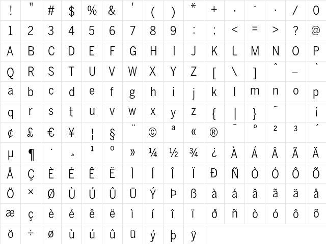 BentonSans Cond Book Regular  glyph index