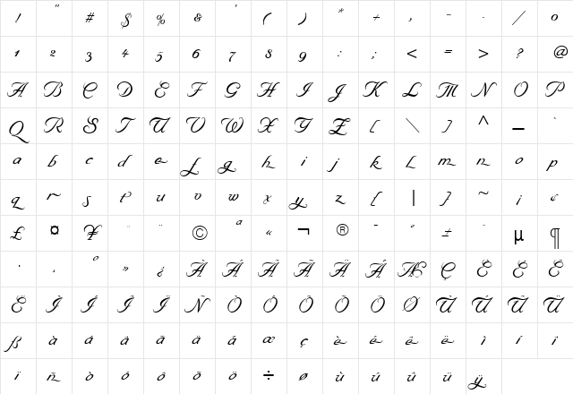 ByronMediumSwash Roman  glyph index