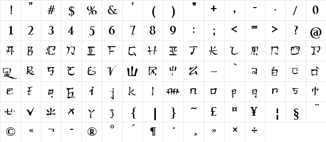 Pauls Kanji Font Bold  glyph index