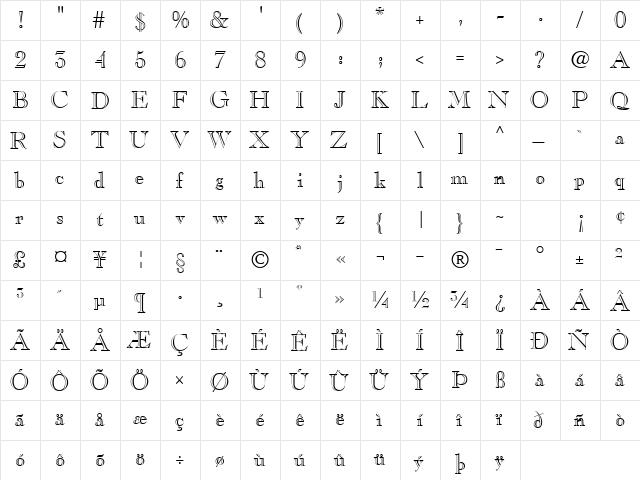 CaslonOpenFaceSSK Regular  glyph index