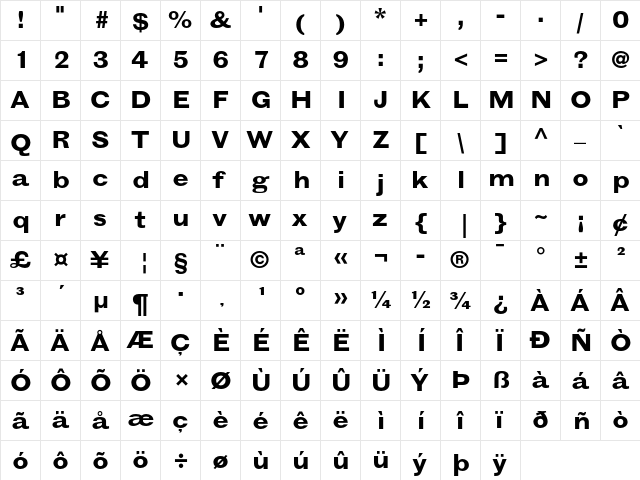 Grotesque MT Bold Extended  glyph index