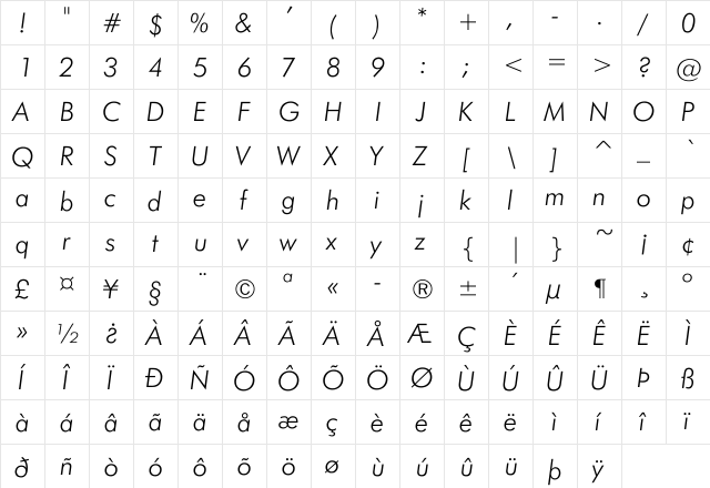 Jensen Thin Italic Regular  glyph index