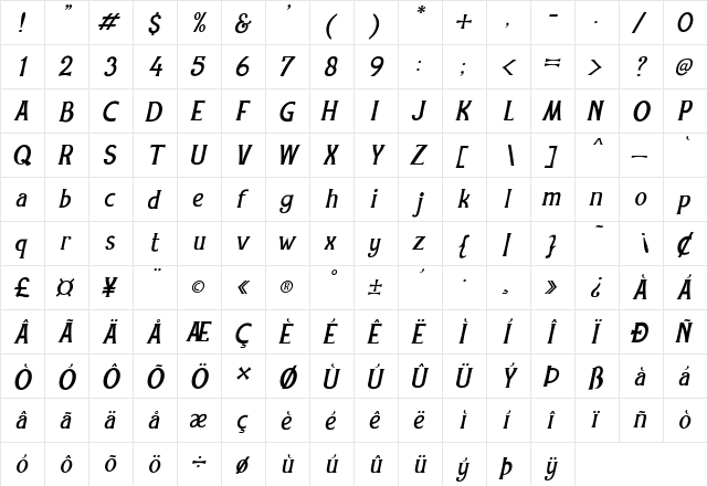 Rexmone DEMO Italic  glyph index