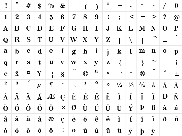 Century725 BT Bold  glyph index
