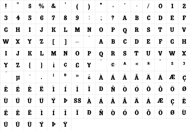 ZebrawoodFill Roman  glyph index