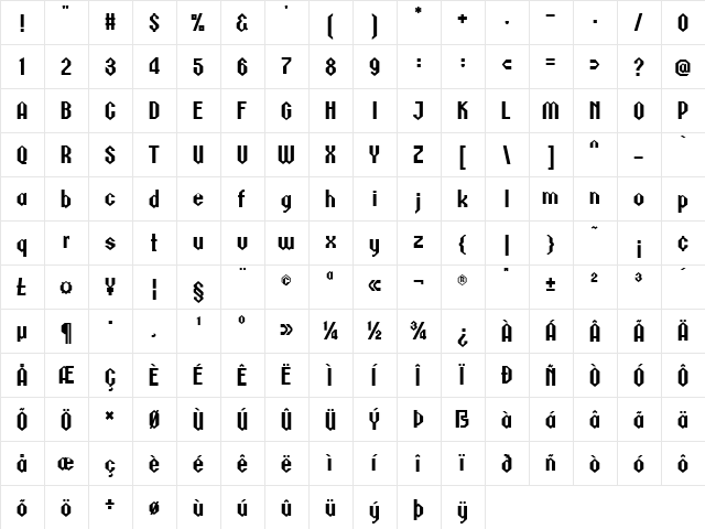 Metalick Bold  glyph index