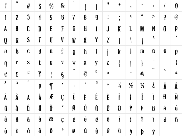Pocus Primera Distorted Regular  glyph index