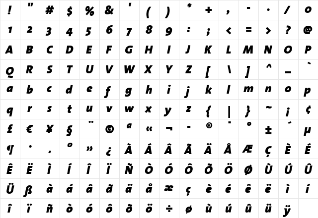 TheSans Black Italic  glyph index