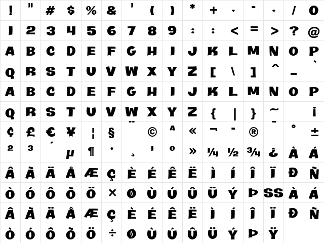 Java Kick BTN Ext Bold  glyph index